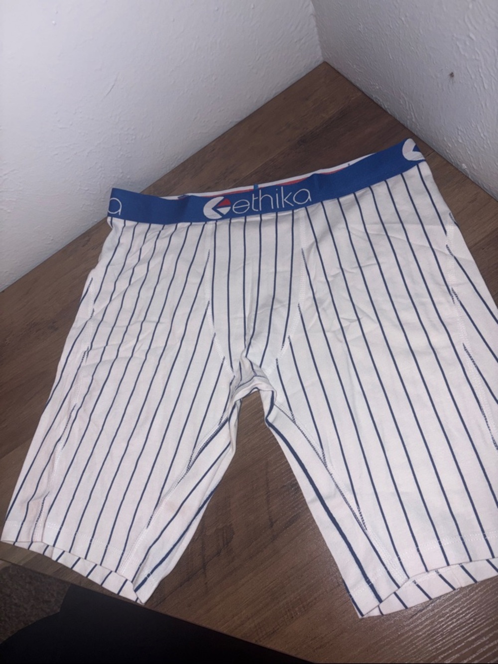 ethika White Pinstripe Boxer Briefs with Blue Waistband